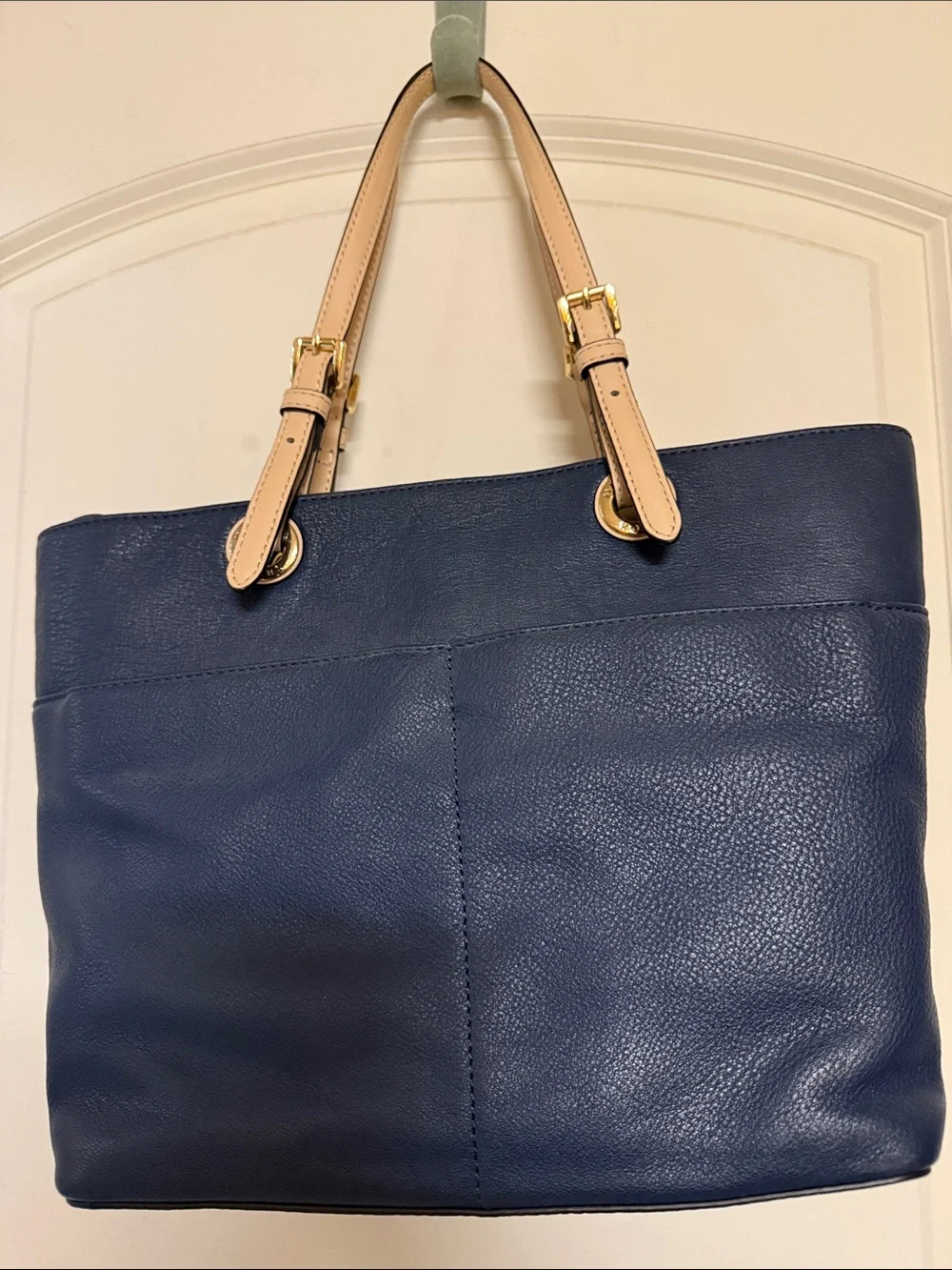Michael Kors Navy Leather Tote with Beige Straps